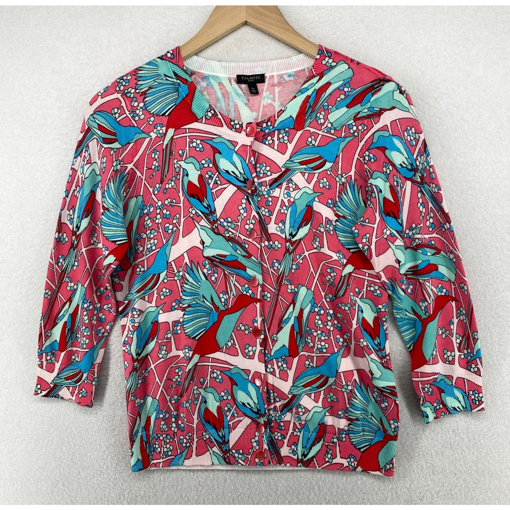 TALBOTS Cardigan Sp Petite Hummingbird Button Up 3/4 Sleeve Cotton Blend Pink